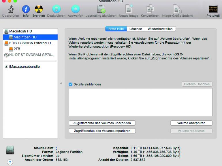 Mit dem Festplatten-Dienstprogramm lassen sich die Zugriffsrechte überprüfen und reparieren.