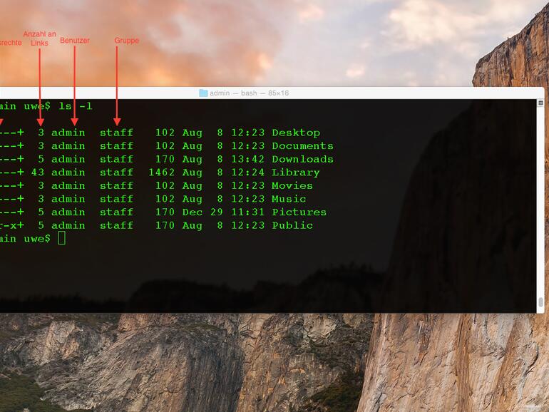Die Terminal-App erlaubt den Zugriff auf Benutzer- und Zugriffsrechte