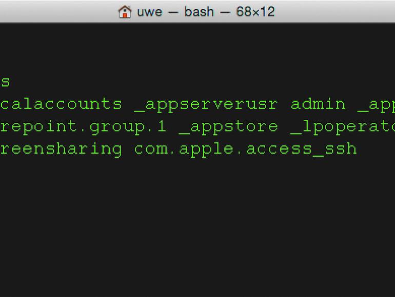 Falls Sie herauszufinden möchten, welche Benutzer gerade angemeldet sind geben Sie in der Kommandozeile einfach den Befehl „Users“ ein. Wollen Sie alle verfügbaren Benutzergruppen auflisten, dann ist dafür der Befehl „groups“ zuständig. Interessant sind die Gruppen „staff“, zu der alle am Mac angemeldeten Benutzer gehören, die Gruppe „admin“ für Administratoren und die Gruppe „everyone“ für alle anderen.
