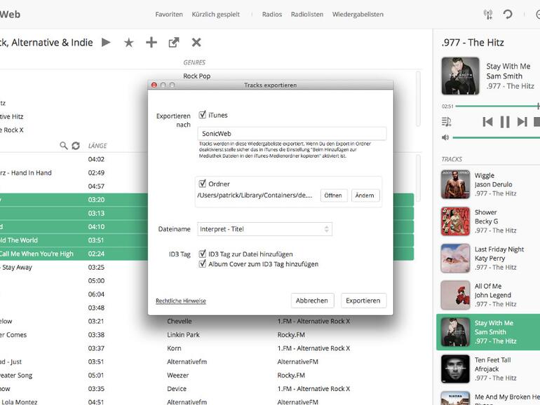 SonicWeb: Export-Oberfläche