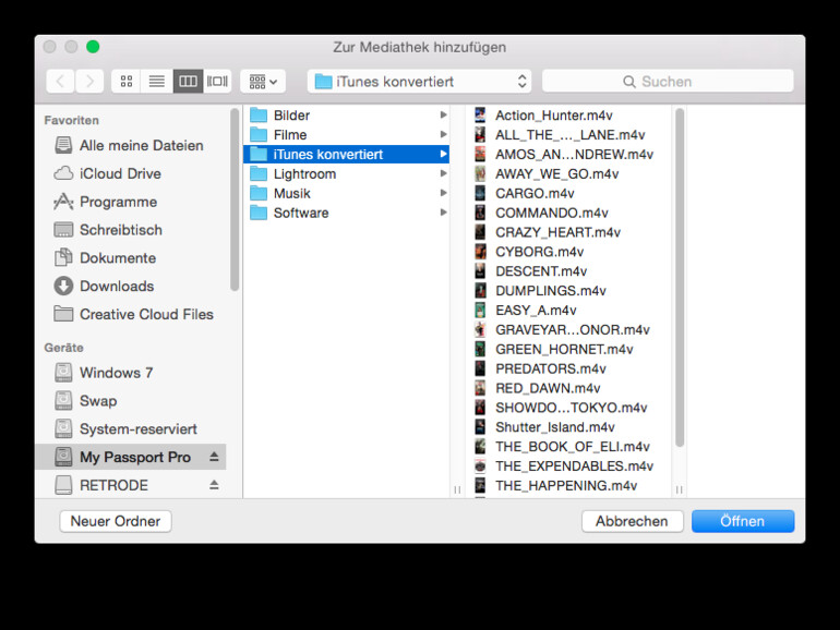 Navigieren Sie nun zum Ordner mit Ihren Filmdateien. Durch einen Klick auf Öffnen beginnt iTunes damit, diese in die Mediathek aufzunehmen und zu verarbeiten.
