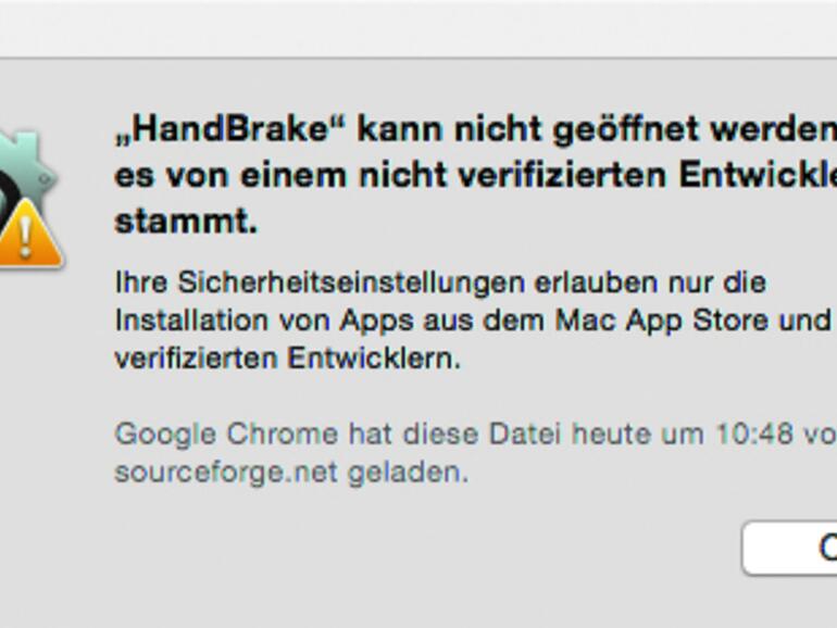 Beim ersten Öffnen des Tools verhindert OS X dies. Gehen Sie in den Ordner Programme, wählen HandBrake und öffnen es mit einem Rechtsklick und Öffnen.