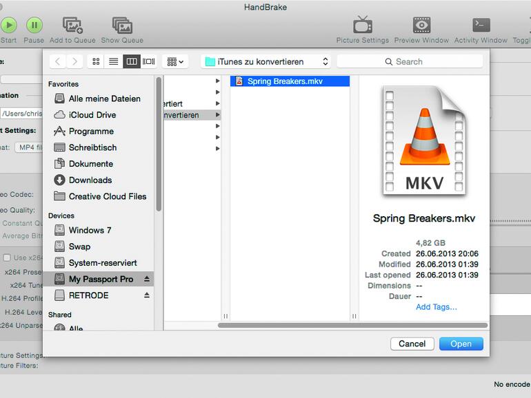 Nun öffnet sich HandBrake und Sie können die zu konvertierende Datei auswählen. Navigieren Sie dort hin und wählen Sie den Schalter Open aus.