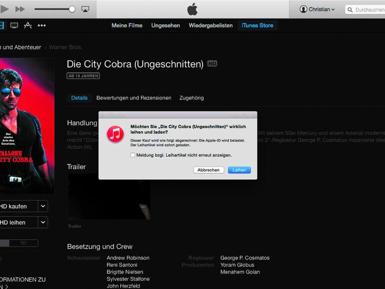 Ich, als Action Fan, habe mich für die „City Cobra“ entschieden. Mit einem Klick auf die Schaltfläche Leihen unter dem Coverbild wird die Ausleihe nun eingeleitet. 