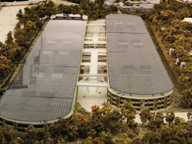 Die fertigen Parkhäuser des Apple Campus 2 im Modell (aus Apple-Campus-2-Video)