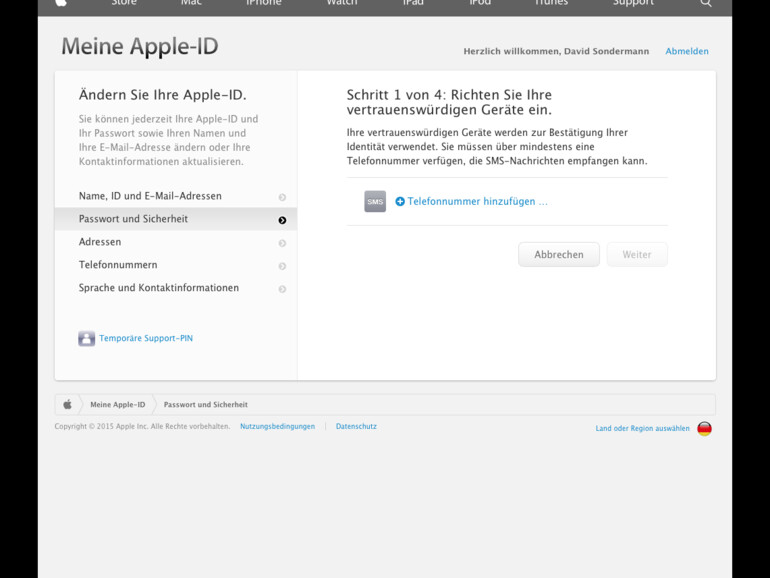 6. Nun müssen Sie die Telefonnummer eines Mobilgeräts hinterlegen, auf das nur Sie Zugriff haben. und das SMS empfangen kann. Bestätigen Sie mit „Weiter“.