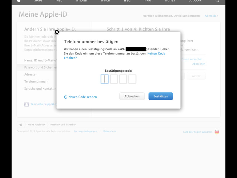 8. Nun sollten Sie eine SMS auf Ihr Mobilfunkgerät erhalten, die einen Bestätigungscode enthält. Diesen Code geben Sie nun am Computer ein. Klicken Sie dann auf „Bestätigen“.
