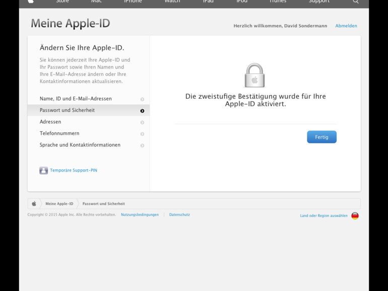 15. Nun ist die zweistufige Bestätigung für ihre Apple-ID aktiviert. Beenden Sie den Vorgang mit einem Klick auf „Fertig“.