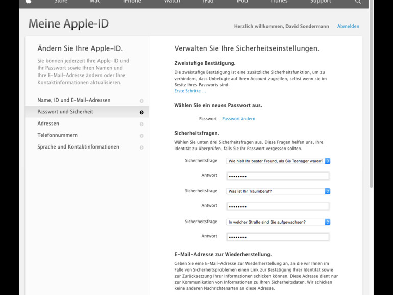 2. Wechseln Sie dort in Bereich „Passwort und Sicherheit“ und klicken Sie unter „Zweistufige Bestätigung“ auf „Erste Schritte…“