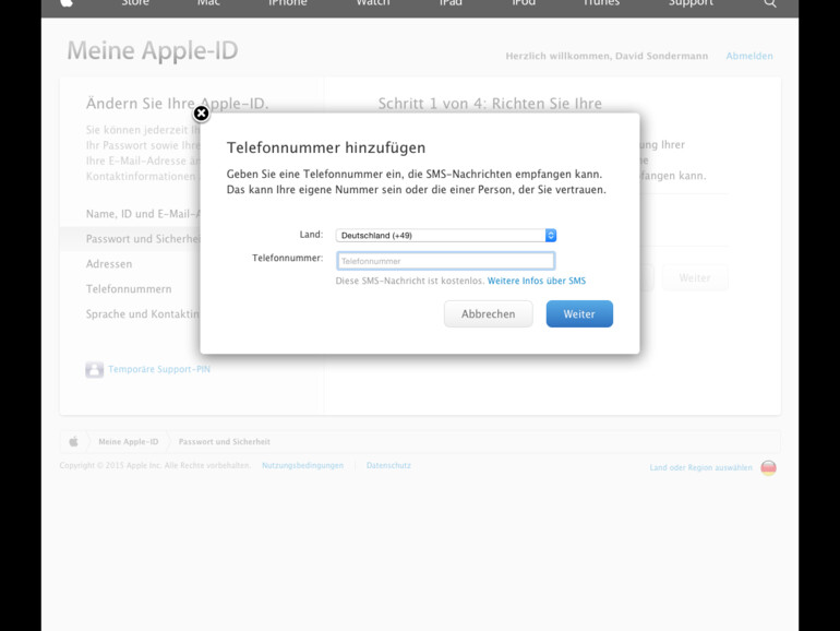 7. Wählen Sie die Ländervorwahl aus und geben Sie die ganze Mobilfunknummer inklusive Vorwahl ein und bestätigen Sie die Eingabe mit einem Klick auf „Weiter“.