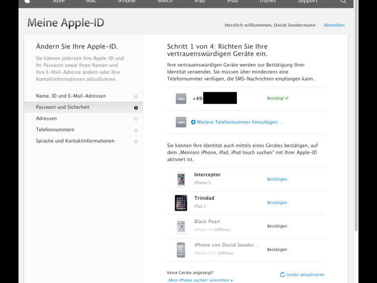 9. Im nächsten Schritt können Sie weitere vertrauenswürdige Geräte für die zweistufige Bestätigung einrichten – auch Geräte, die für die Funktion „Mein iPhone, iPad, iPod touch suchen“ eingerichtet sind.