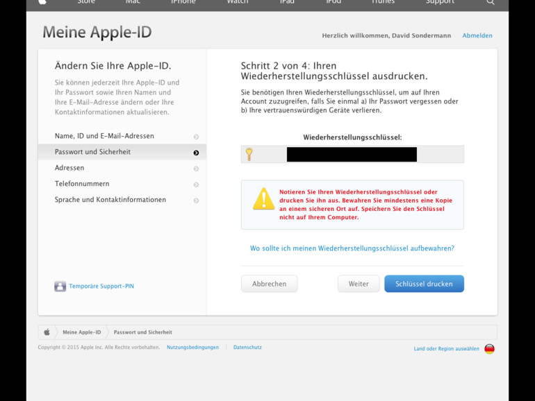 12. Nun wird Ihr Wiederherstellungsschlüssel angezeigt. Diesen sollten Sie sich notieren oder mit einem Klick auf die entsprechende Schaltfläche ausdrucken. Bewahren Sie mindestens eine Kopie dieses Schlüssels an einem sicheren Ort auf....