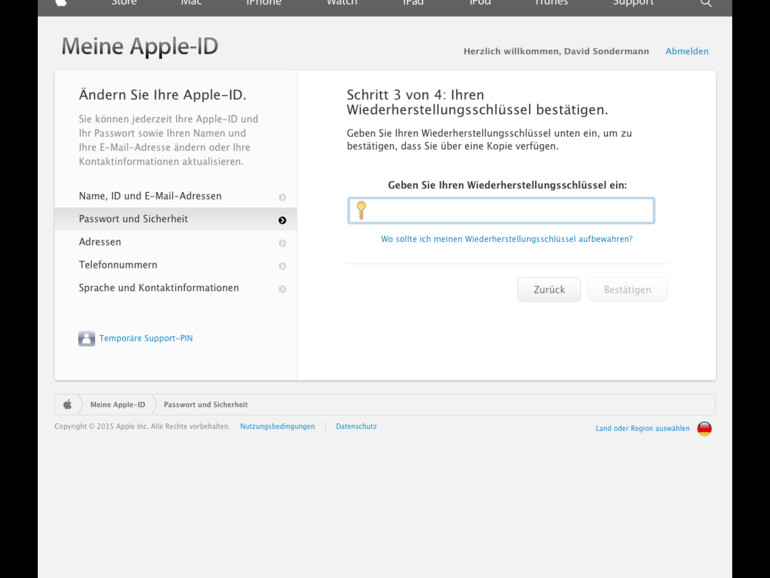 13. Um sicherzugehen, dass Sie den Schlüssel richtig notiert haben, wird dieser im nächsten Schritt abgefragt. Geben Sie den Schlüssel also ein und klicken Sie auf „Bestätigen“.