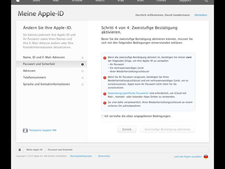 14. Nun müssen Sie die Bedingungen der zweistufigen Bestätigung bestätigen, indem Sie bei „Ich verstehe die oben angegebenen Bedingungen“ mit einem Mausklick einen Haken setzen. Klicken Sie nun auf „Zweistufige Bestätigung aktivieren“.