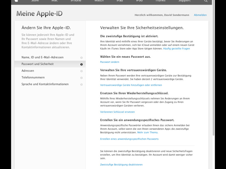 16. Sie werden wieder in den Bereich „Passwort und Sicherheit“ geleitet, wo Sie sich die häufig gestellten Fragen zur zweistufigen Bestätigung aufrufen, Ihr Passwort ändern, ihren Wiederherstellungsschlüssel ersetzen oder ein...