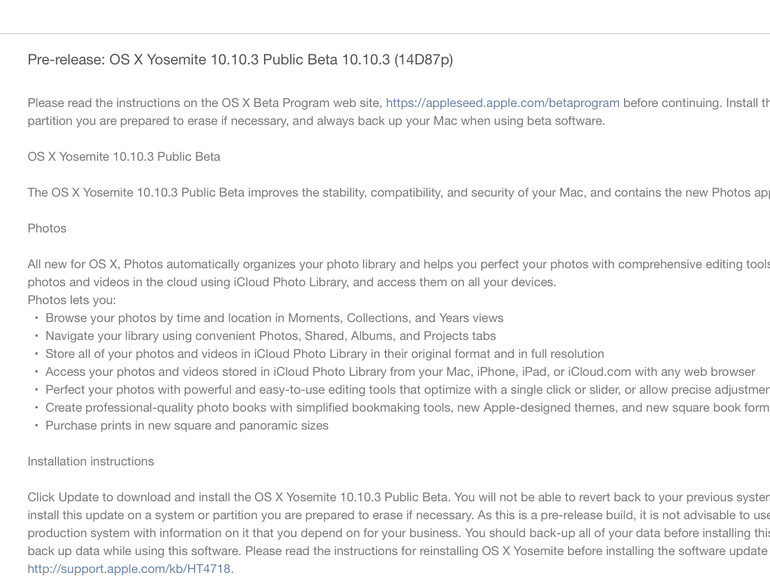 Versionsinformationen zur Public Beta von OS X 10.10.3