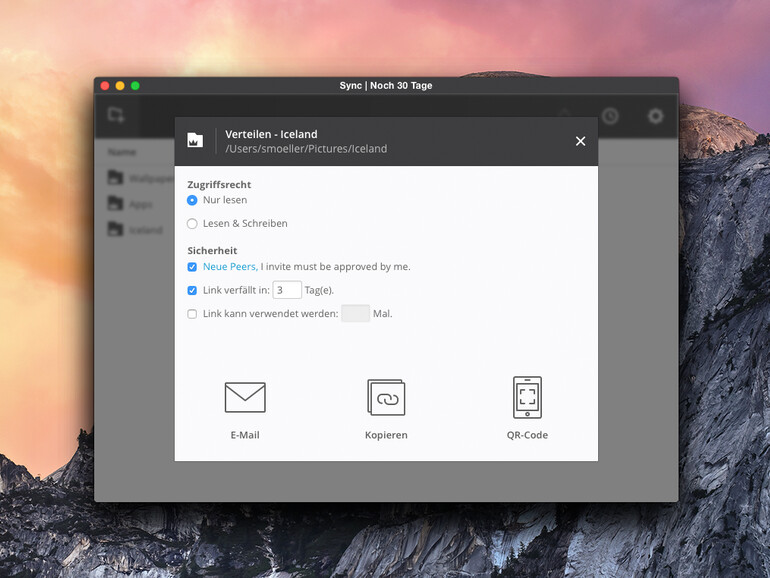 Die Freigabe-Einstellungen von Sync