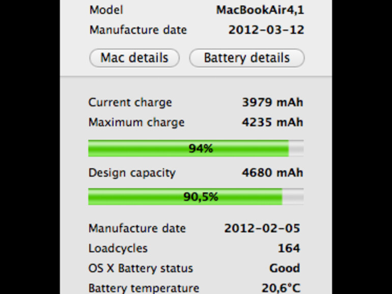 Die Leistungsdaten eines MacBook-Air-5-Akkus, dargestellt durch CoconutBattery