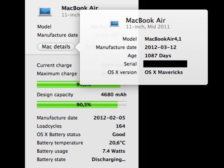 Details zum untersuchten MacBook-Air in CoconutBattery