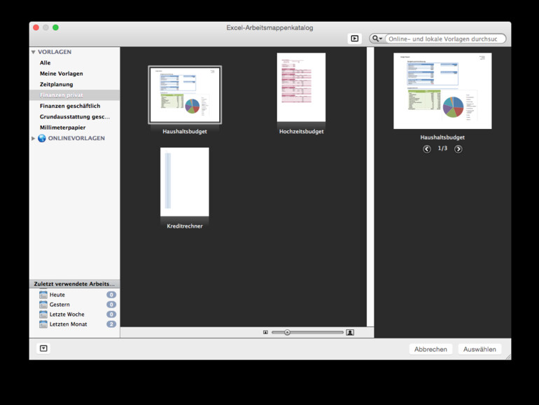 Das Vorlagenauswahlmenü in Excel 2011