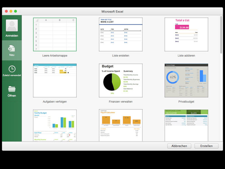Das Vorlagenauswahlmenü in Excel 2016
