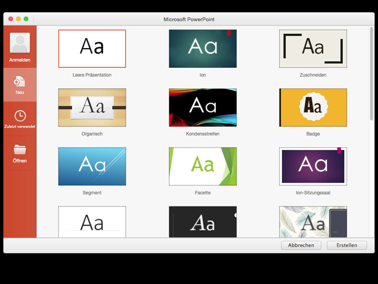 Das Vorlagemenü in PowerPoint 2016