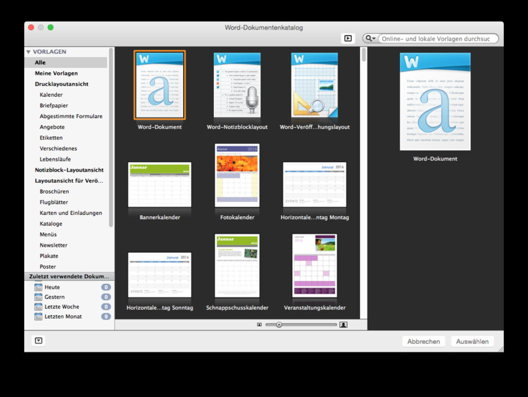 Die Vorlagenauswahl in Word 2011
