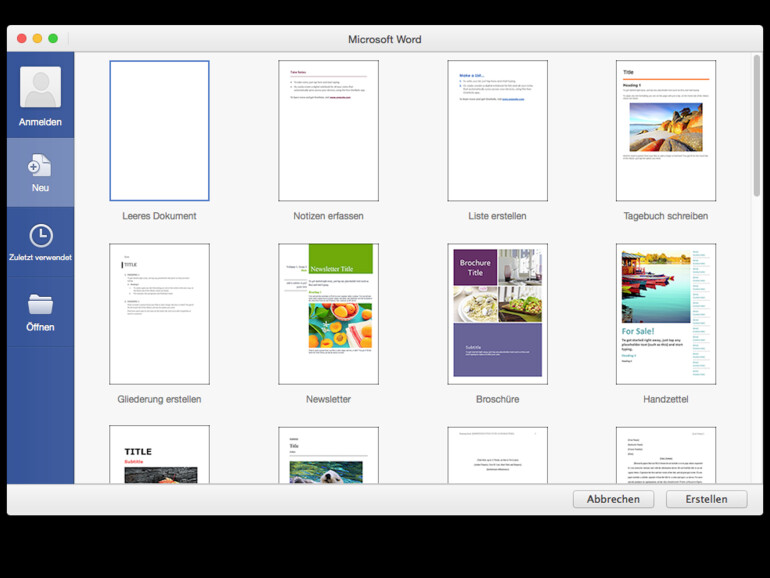 Die neue Vorlagenauswahl in 2016