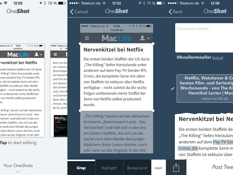 OneShot: Lange Texte als Screenshot twittern