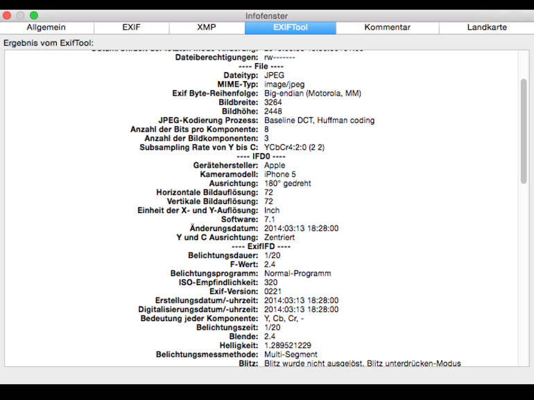 Darstellung der Metadaten eines Bildes in GraphicConverter 9