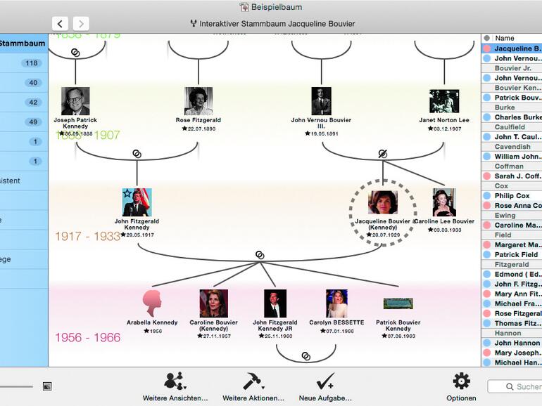 Es gibt verschiedene Möglichkeiten zur Daten-Bearbeitung in MacStammbaum 7. Hier ist der interaktive Stammbaum dargestellt.