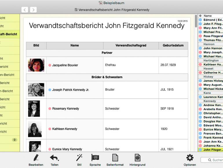 MacStammbaum 7 bietet verschiedene Berichtsarten an. Hier sehen Sie beispielsweise die Verwandschaftsverhältnisse von John F. Kennedy.