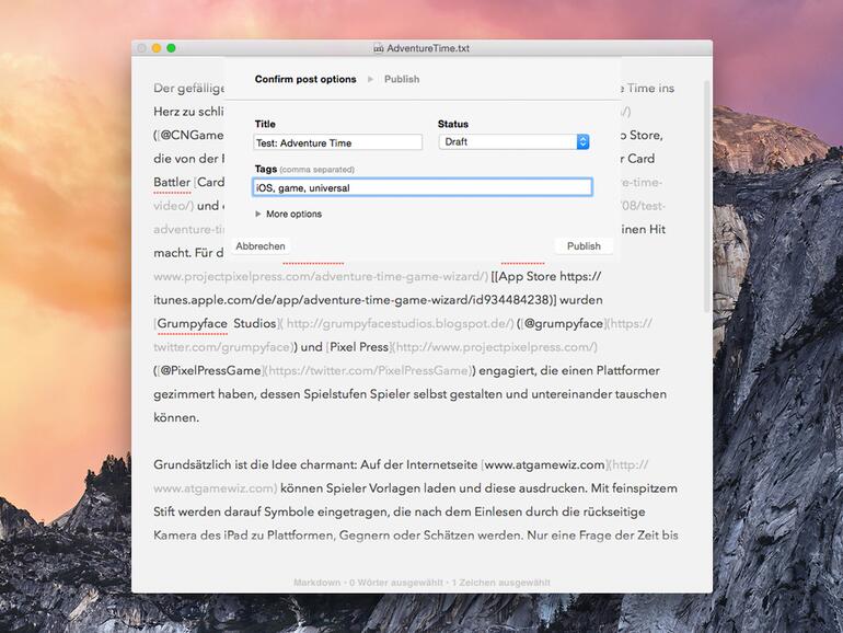 In Markdown verfasste Texte kann der Editor Byword als HTML-formatierte Beiträge in das WordPress-CMS speichern.