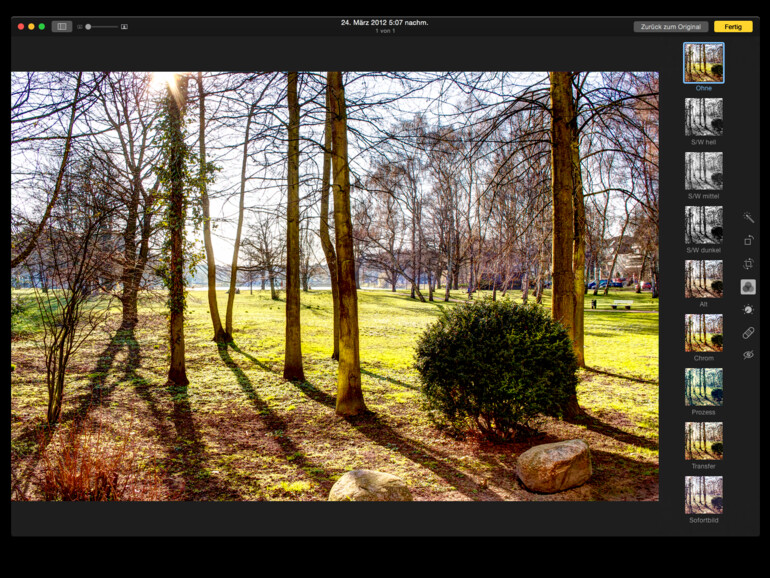 Änderungen an Bildern sind nicht-destruktiv. Das heißt, dass Sie jederzeit zum Original-Bild zurückkehren oder auch nur einzelne Bearbeitungsschritte rückgängig machen können.