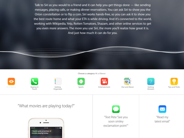 Apple listet die einzelnen Funktionen der Sprachassistentin nicht als langweilige Liste auf, sondern sortiert die Funktionen in sieben Kategorien