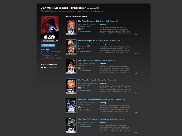 Seit dem heutigen Freitag dem 10. April sind alle sechs Filme der Star Wars-Trilogie auf iTunes verfügbar
