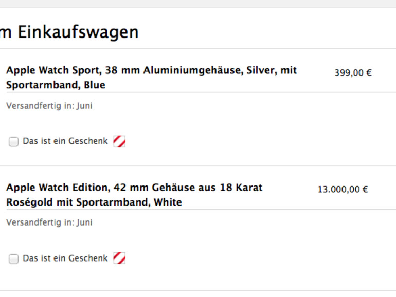 Bis in den Juni können die Wartezeiten für die Apple Watch Sport und die Apple Watch Edition reichen