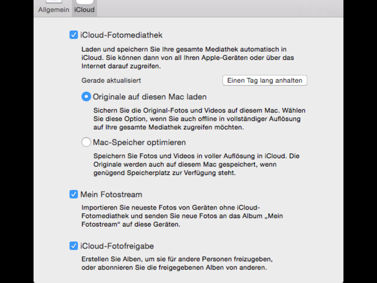 Wer ohne Familienfreigabe Fotos teilen möchte, muss unbedingt die „iCloud-Fotofreigabe“ in den Einstellung der „Fotos“-App auf dem Mac aktivieren.