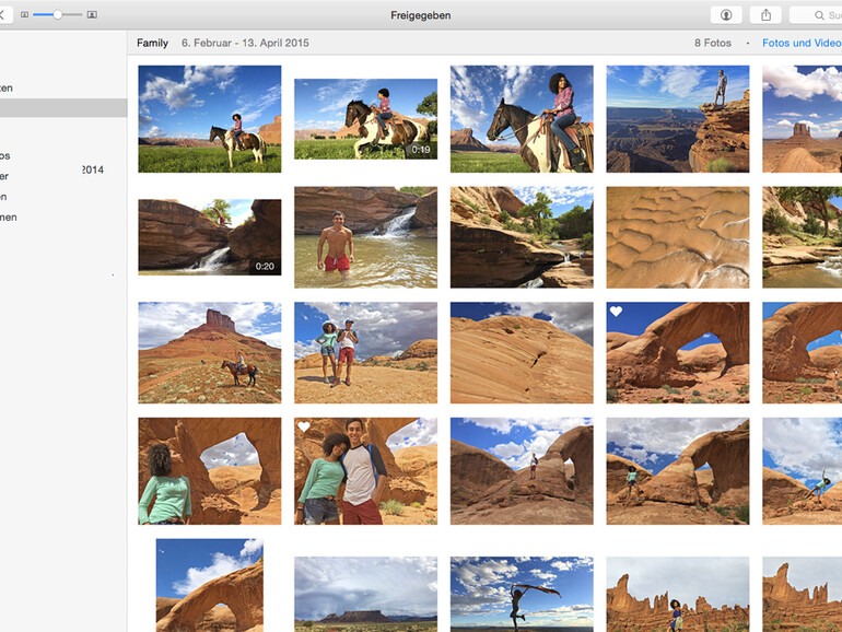 Wer die iCloud-Familienfreigabe nutzt, sieht auf dem Reiter „Freigaben“ der „Fotos“-App auf Mac und iPhone/iPad automatisch ein „Family“ getauftes Album, das für alle Familienmitglieder synchron gehalten wird.