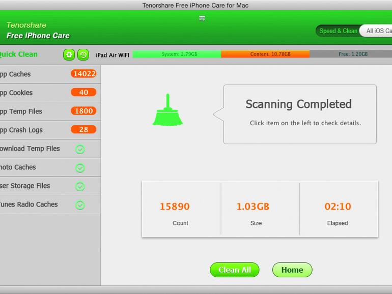 Nach dem Suchvorgang listet Free iPhone Care auf, was es gefunden hat und wie viel Platz es freimachen kann.