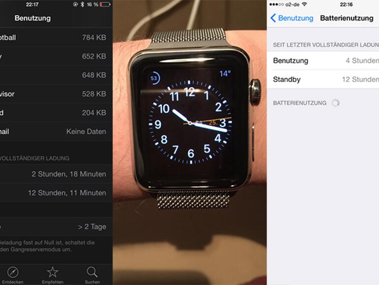  Die linken Bilder zeigen Benutzung und Akkuladung der Apple Watch im Vergleich zum iPhone rechts