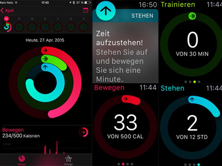Die Aktivitäts-App misst über den Tag verteilt verschiedene Werte und fordert Sie nach längerem Sitzen zum Stehen auf (Bild oben mittig)