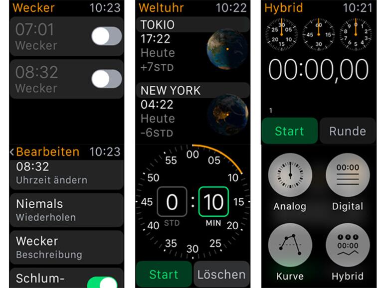 Unterschiedliche Uhrenfunktionen wurden in einzelne Apps gepackt