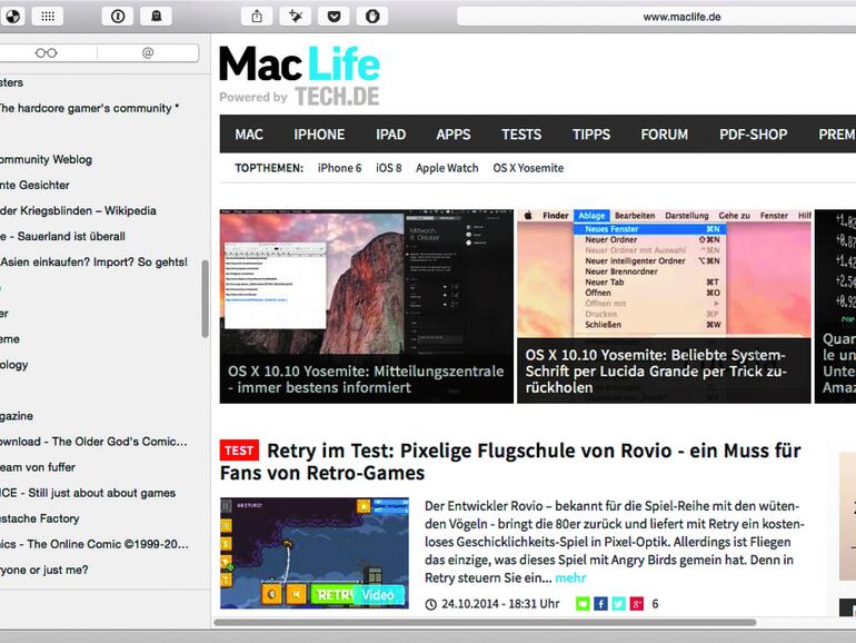 Rechts Die Lesezeichensammlung kann man in Safari in der Seitenleiste des Browsers einblenden lassen.