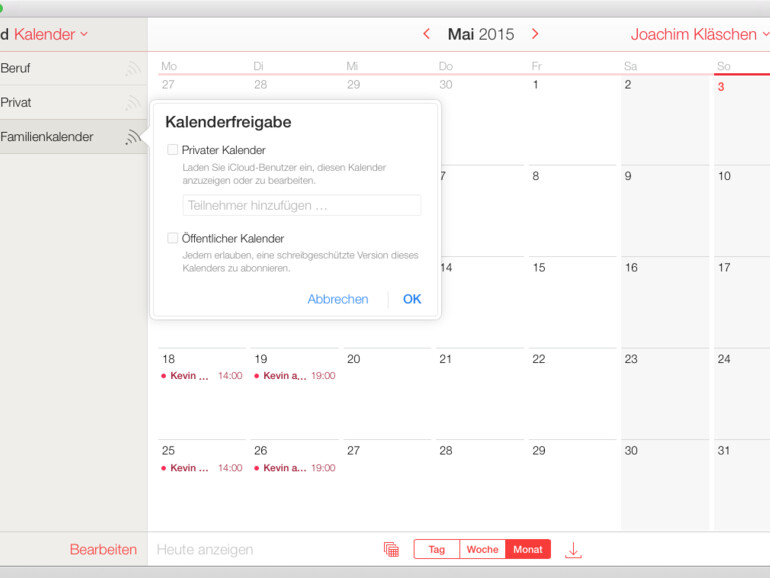 Apples Kalender-App bietet die Möglichkeit andere einzuladen und diesen Einsicht in anstehende Ereignisse zu geben.