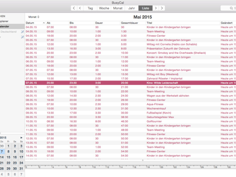 Die vom Anwender mit zahlreichen Kategorien konfigurierbare Listenansicht von BusyCal ist praktisch, um einen Überblick zu bekommen.