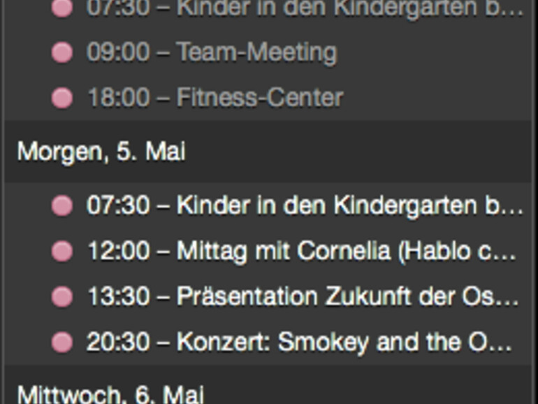 Über das Menulet in der Systemleiste hat man aktuelle BusyCal-Termine stets im Blick.