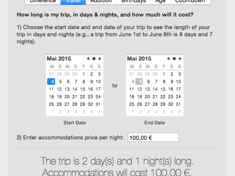 Der integrierte Rechner hilft dabei zu ermitteln, wie viele Übernachtungen nötig und wie teuer diese sind.