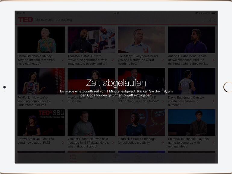 Nach Ablauf der erlaubten Zugriffszeit dunkelt das iPad den Bildschirm ab und zeigt einen Hinweistext an.