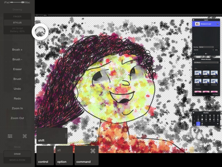 Die Astropad-App nutzt das iPad als ein drahtloses Grafiktablett für den Mac. Mit einem Touch-Stylus werden Stifte und Pinsel drucksensitiv umgesetzt.